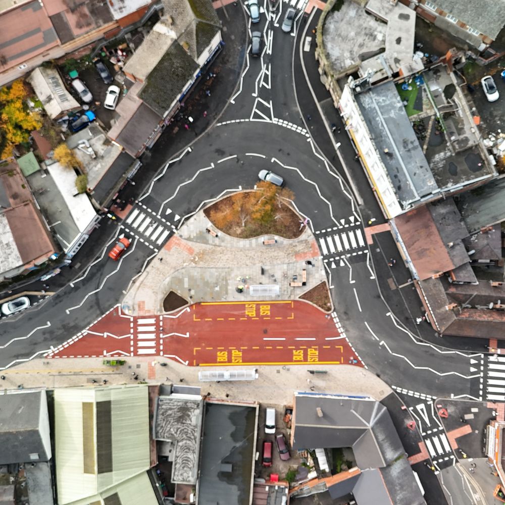 Aerial view of the new bus interchange and road improvements