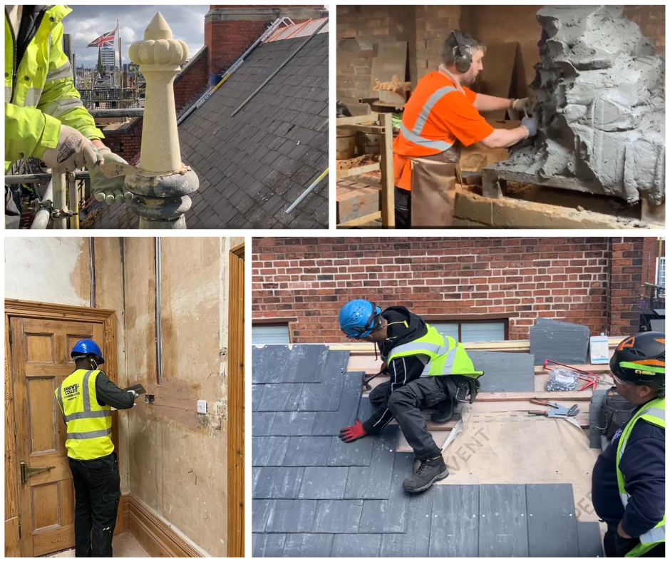 Four photo's capturing the restoration works at West Bromwich Town Hall