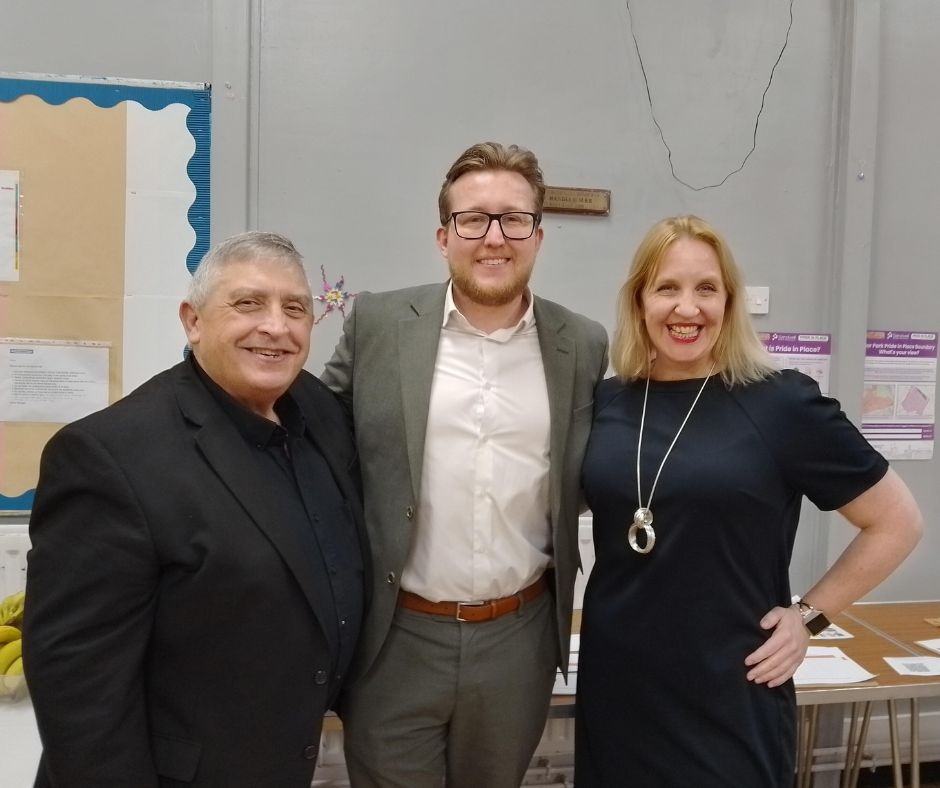 Councillor Peter Hughes, Jonathan Ward - Chair of the Friar Park Pride in Place Neighbourhood Board, and Antonia Bance, MP for Tipton and Wednesbury