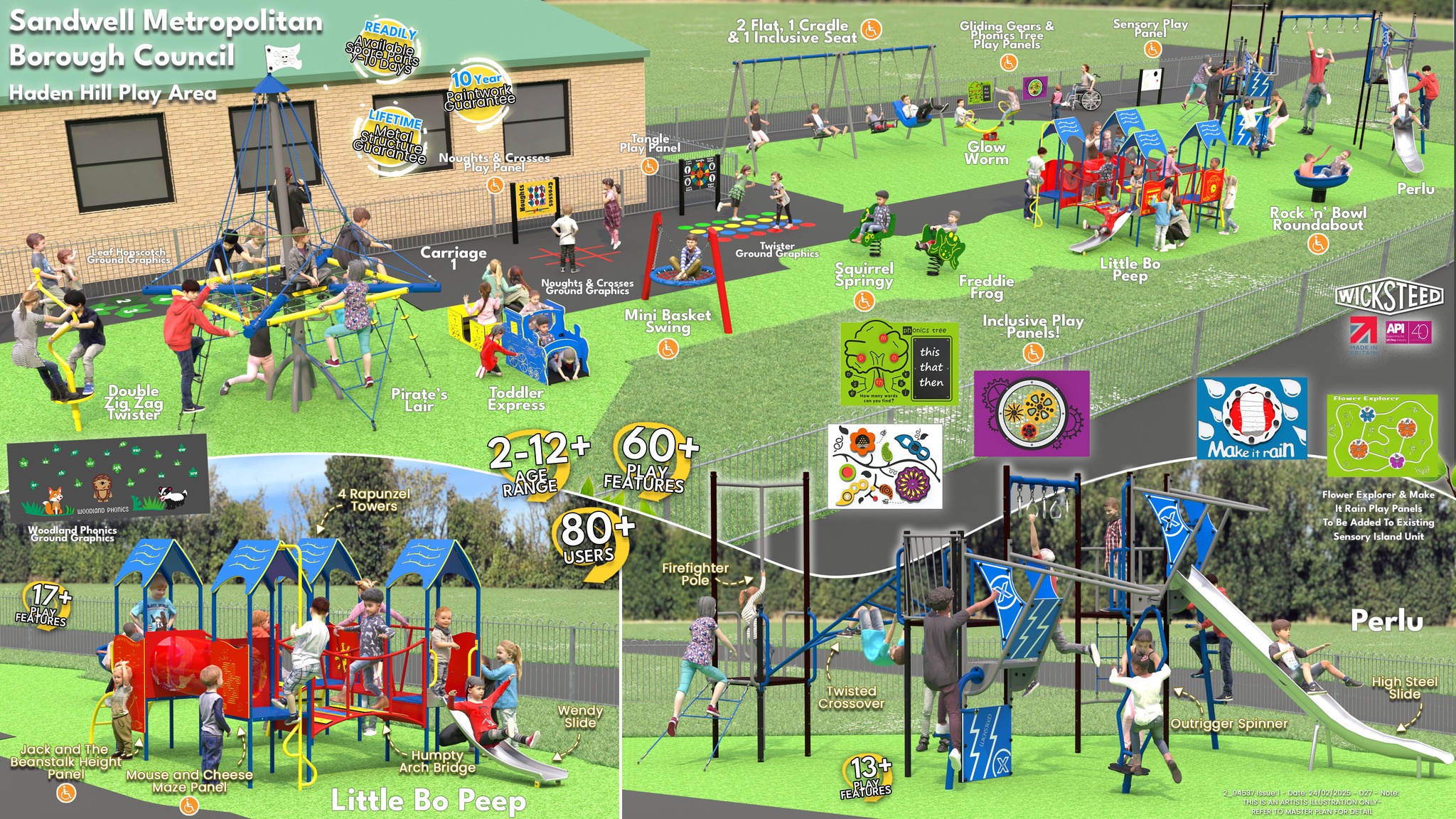 Design of the new play area at Haden Hill Park, Rowley Regis. Picture shows play equipment such as swings, slides, springers and sensory equipment.