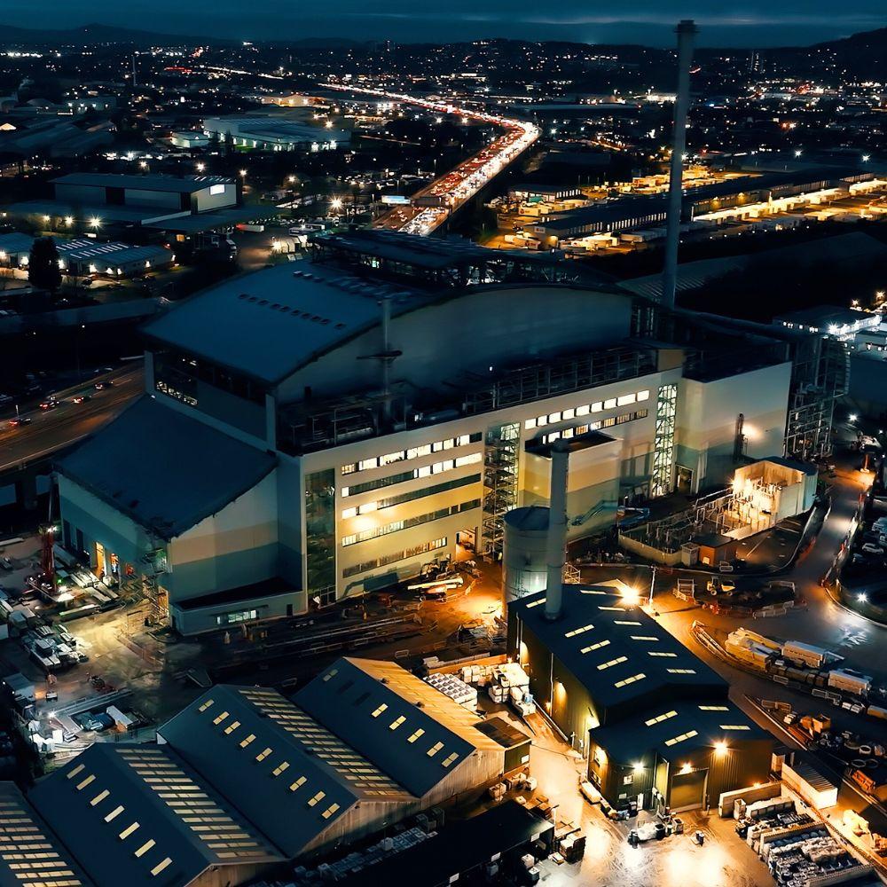 View of the new waste facility during nighttime.