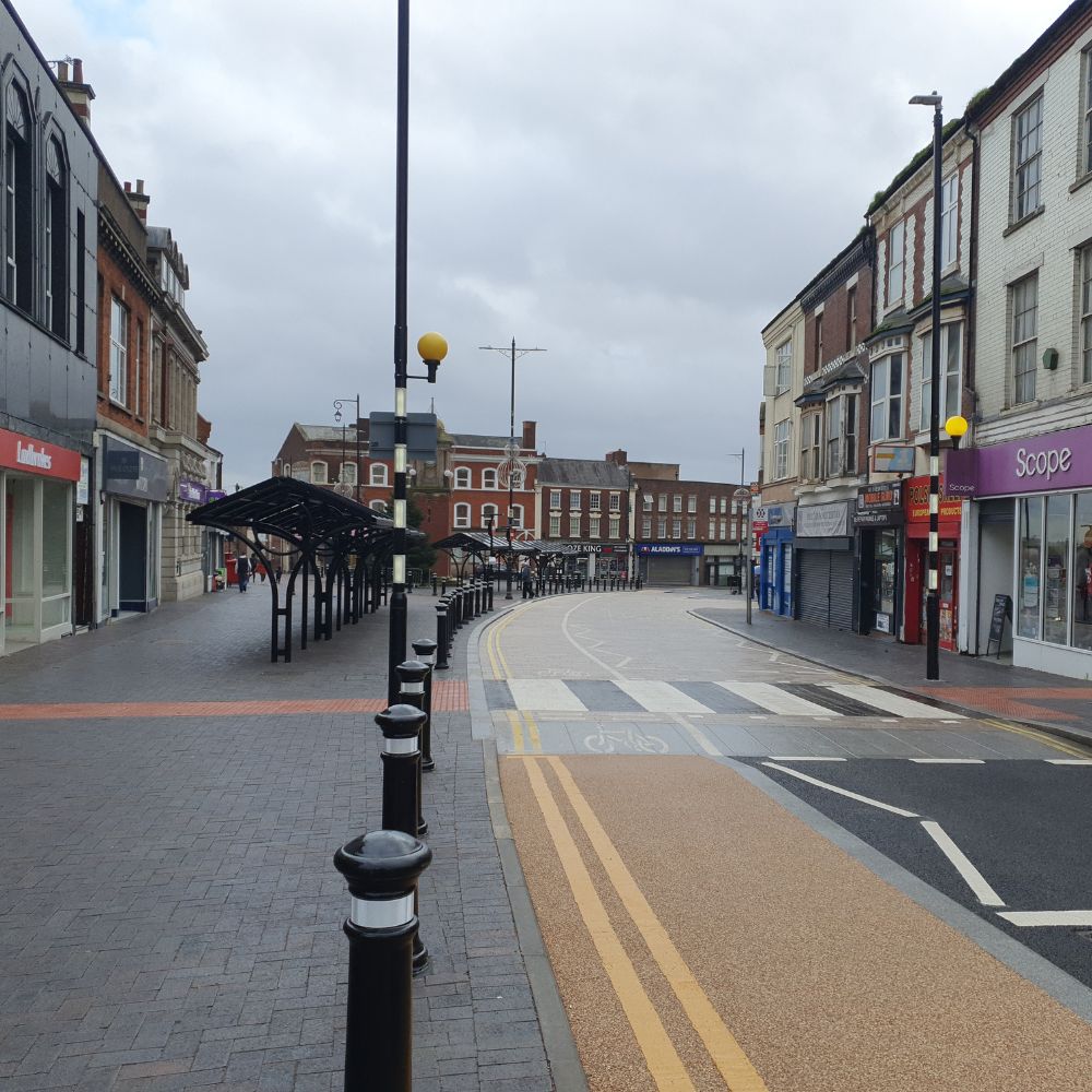 View of Wednesbury Town Centre outdoor market stalls