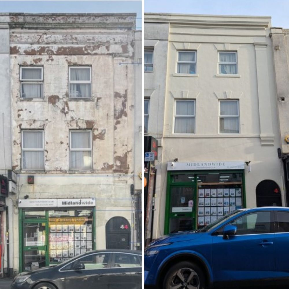 Building front with before and after photo