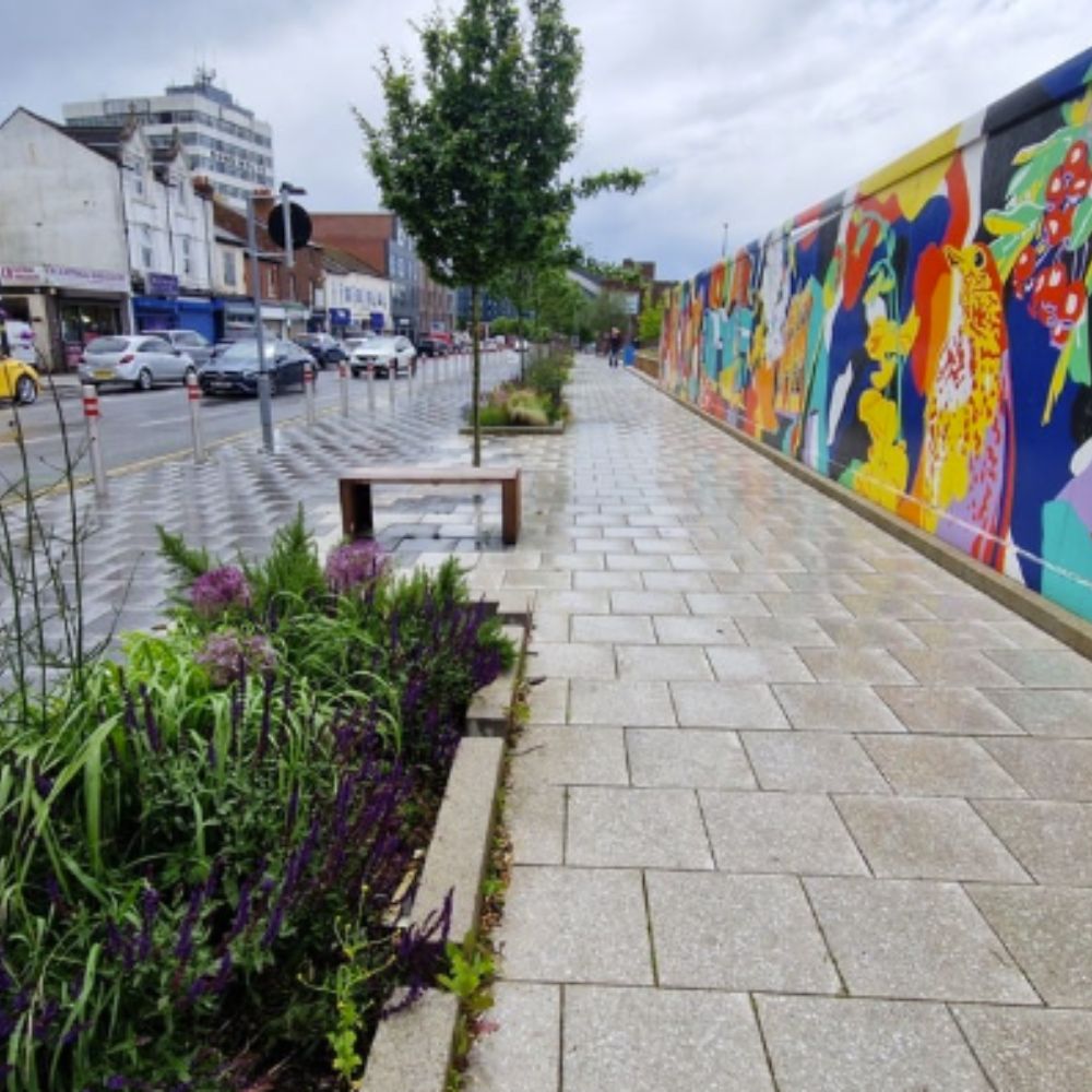 New hoarding, paving and benches on Bull Street, West Bromwich